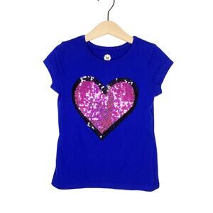 Total Girl Blue Short Sleeve Tee With Pink Sequin Heart Girls Size 5